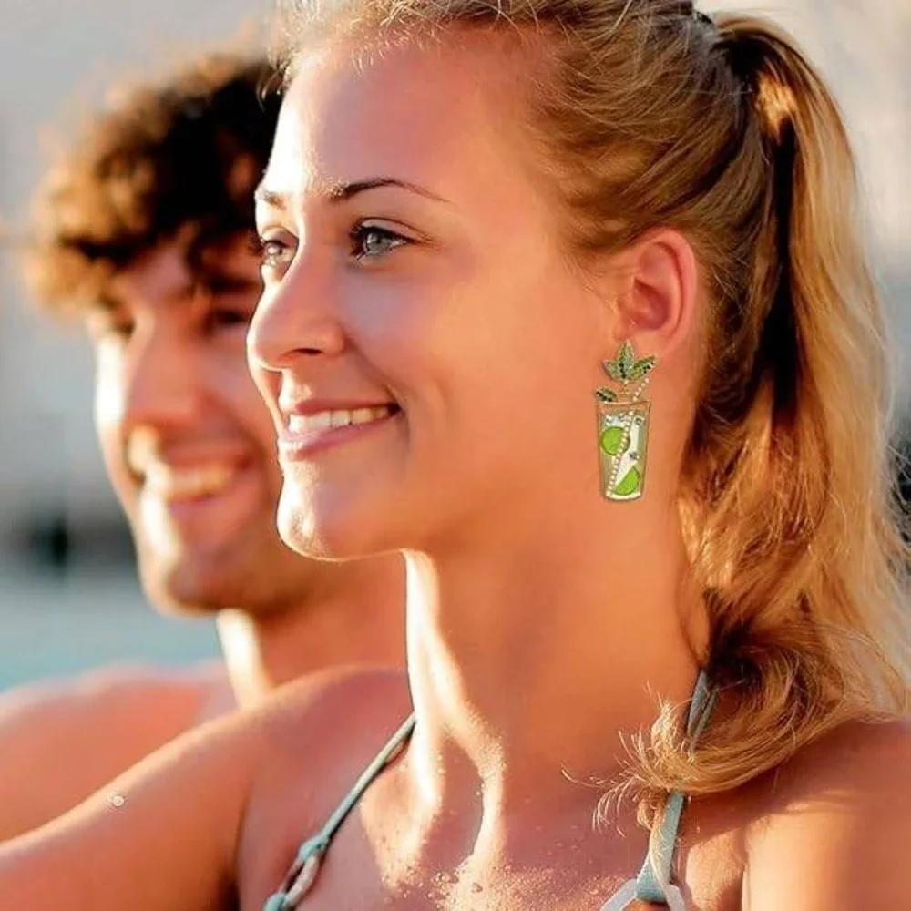 Cocktail Earrings Fun Statement Sparkle Rhinestone Lime Mint Mojito Vacation - Picture 6 of 6